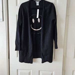 Sweet Romeo, NWT, Cardigan w/Smily Face on Back. Medium, Black and Beige